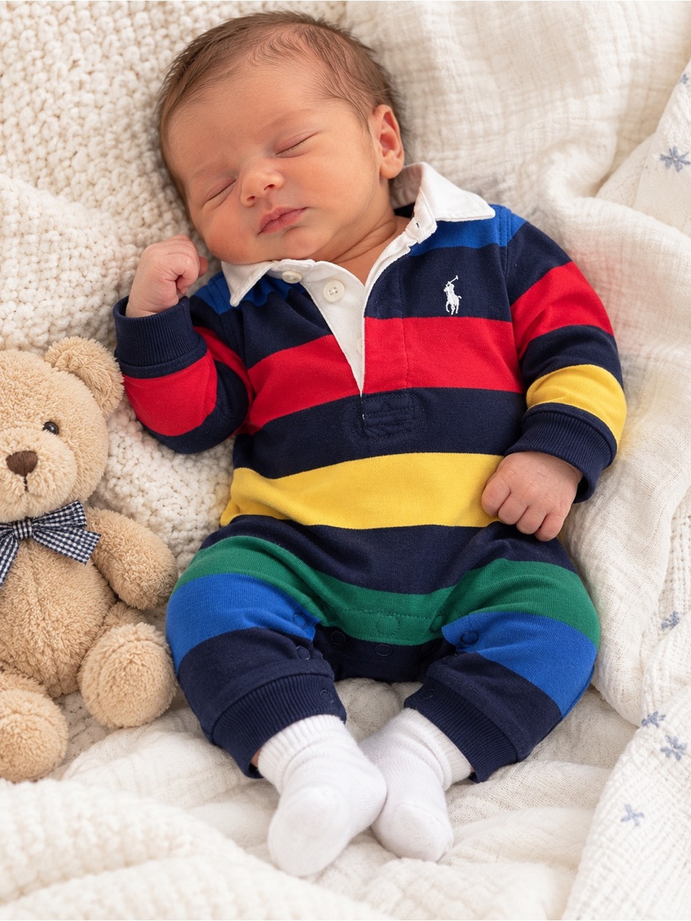 Ralph Lauren Polo Baby Boy 3M Navy Multi-Stripe One-Piece